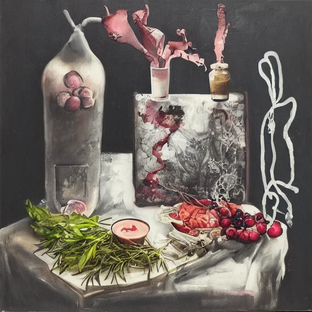 Prompt: “ a portrait in a female art student ’ s apartment, sensual, a pig theme, pork cuts, art supplies, edo, surgical iv bag, octopus, ikebana, herbs, a candle dripping white wax, squashed berries, berry juice drips, acrylic and spray paint and oilstick on canvas, surrealism, neoexpressionism ”