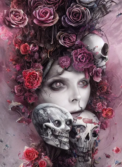 Image similar to Alice in Wonderland,roses,bullets,highly detailed,half skull face,cinematic,8k,by Stanley Artgermm,Tom Bagshaw,Greg Rutkowski,Carne Griffiths, Ayami Kojima, Beksinski, Giger,trending on DeviantArt,hyper detailed,horror, full of colour