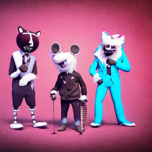 Image similar to bandphoto of anthropomorphic furry musicians, in the style of billelis and james jean and pedro conti and stanley kubrick, inspired by die antwoord, kawaii colors, photorealistic, epic, super technical, 3 d render