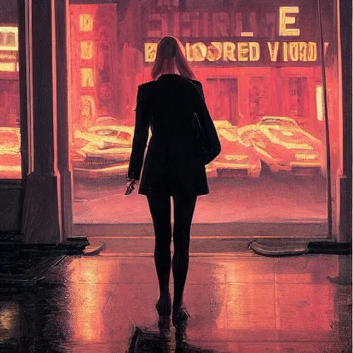 Image similar to Elle Fanning covered in blood in the world of Edward Hopper, stormy snowy weather, streetlights, extremely detailed masterpiece, oil on canvas, low-key neon lighting, artstation, Blade Runner 2049, Roger Deakin’s cinematography, by J. C. Leyendecker and Peter Paul Rubens,