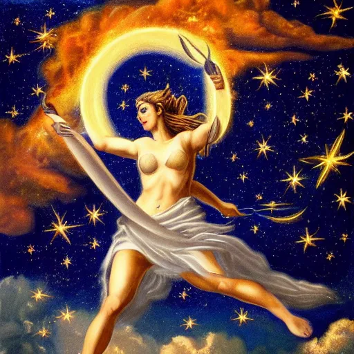 Prompt: painting of a greek goddess fighting a celestial entity over the clouds at night with many stars and constellations, realistic, harsh lighting, breathtaking, detailed, traditional