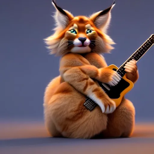 Image similar to cute fluffy caracal playing fluffy guitar, fully detailed, high quality , 4k , octane render , soft light , masterpiece