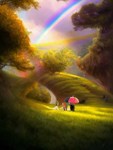 Image similar to a happy familly under the rainbow. in the green valeys near a village. intricate, elegant, highly detailed, digital painting, artstation, concept art, sharp focus, illustration, by justin gerard and artgerm, 8 k