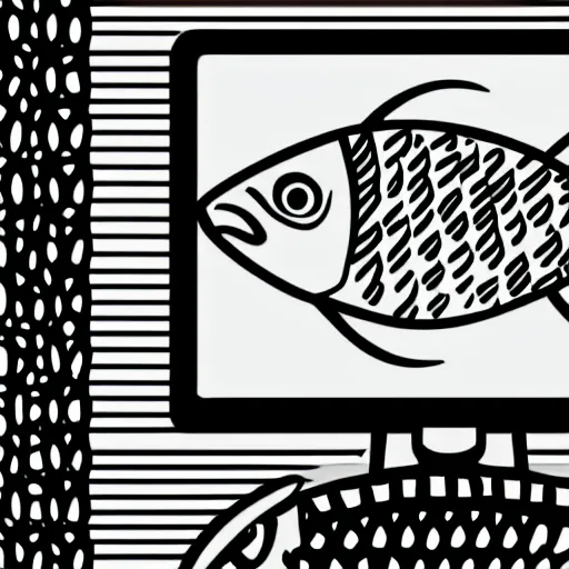 Image similar to worried humanoid fish sitting in front of a computer, black and white, adobe illustrator art