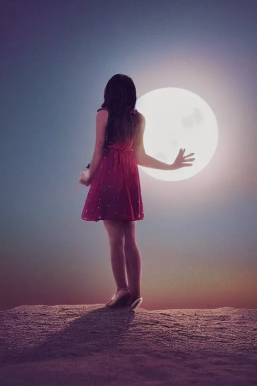 Image similar to the beauty girl standing under a full bright moon, in the evening, cosy environment, back to face, simple and fresh style, dark tones