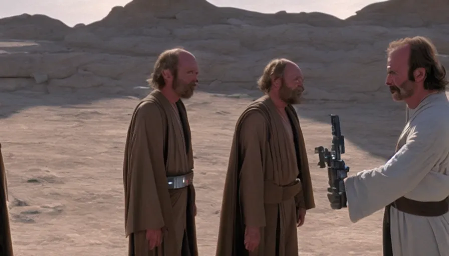 Prompt: screenshot from the lost star wars film, the lost jedi, scene of saul goodman talking to walter white, iconic scene from star wars, directed by stanely kubrick, moody cinematography, with anamorphic lenses, crisp, detailed, 4 k