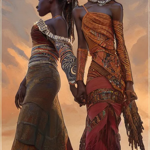 Image similar to three beautiful Zulu holding hands , intricate, elegant, highly detailed, digital painting, artstation, concept art, smooth, sharp, focus, illustration, art by artgerm and greg rutkowski and alphonse mucha