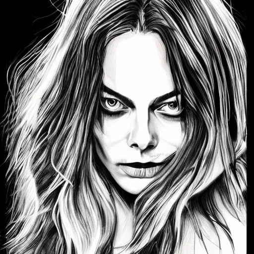 Prompt: grunge drawing of margot robbie in the style of the grudge