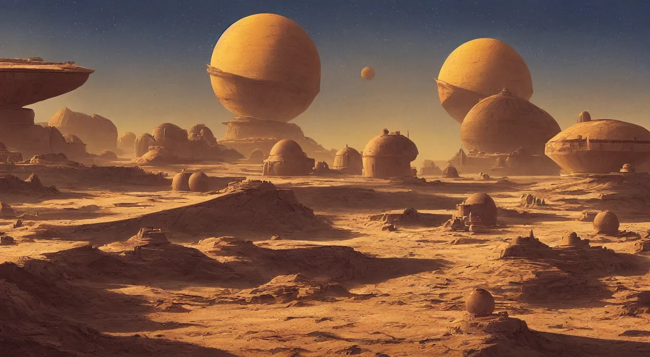 Prompt: a tatooine landscape in the style of dr. seuss, starships, painting by raphael lacoste