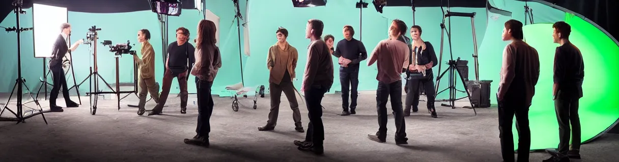 Prompt: photo of a movie set with a single big green screen actors acting, studio, movie set, realistic, studio lighting