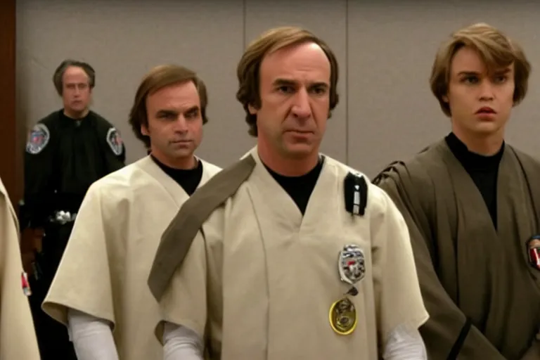 Prompt: saul goodman and anakin skywalker wearing prisoner's uniform in court, court images, 1 0 8 0 p, court archive images