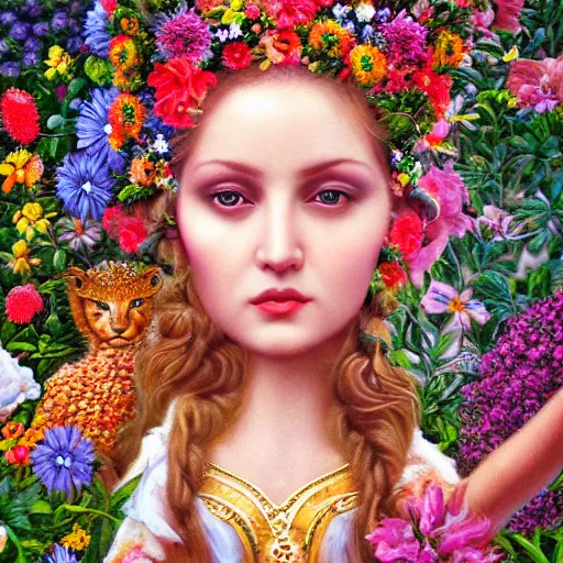 Prompt: a 3 d realistic image of a stunning fierce goddess of women surrounded by lush flowers looking at the mark ryden camera, impressionism, pop 3 d 8 k ultra detailed