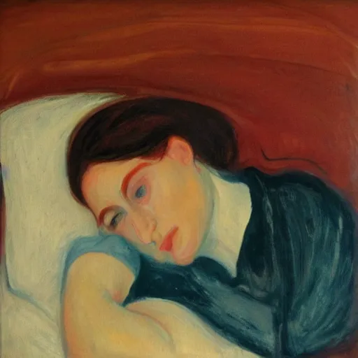 Prompt: lady with brown hair taking up too much space in bed in, oil painting in the style of edvard munch