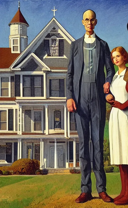 Prompt: an astronaut couple in front of farm house American Gothic style, spaceship in background, 8k, digital art, drawn by j.c. leyendecker, amazing quality