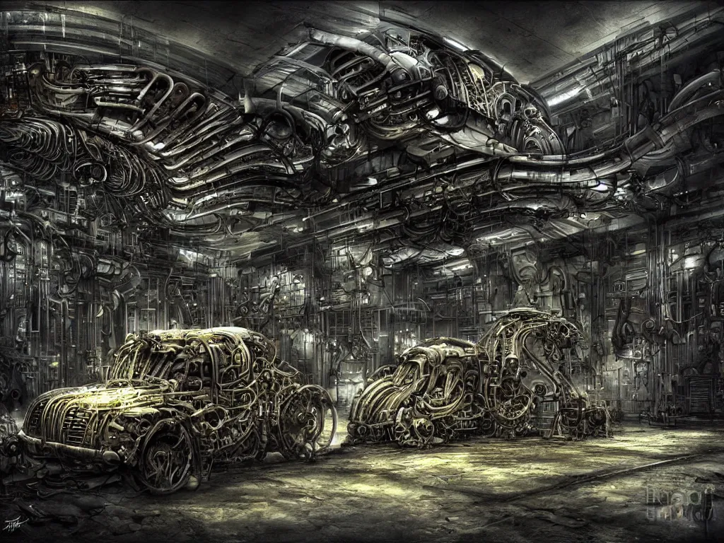 Image similar to a complicated bulldozer inside a parking garage, biomechanical, biopunk, dark, gloomy, hazy, spotlights, oil spills, art by HR Giger, digital art