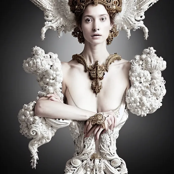 Image similar to photo portrait of a beautiful woman like a queen-ethereal-angel, dressed in long elegant intricate ornamental baroque white dress, intricate fractal highly detailed baroque ornament in the upper side of breast, bust with a very long neck , elegant, highly detailed intricate baroque ornament in her hair, Realistic, Refined, Highly Detailed, Cinematic cold Lighting, fine art photography by Paolo Roversi, volumetric studio lighting, hyper realistic photography