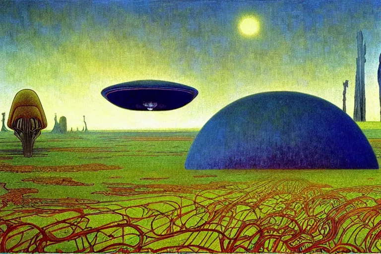 Image similar to realistic detailed landscape painting a single house in a plain field, single ufo in the sky, futuristic sci-fi forest on background by Jean Delville, Amano, Yves Tanguy, Alphonse Mucha, Ernst Haeckel, Edward Robert Hughes, Roger Dean, rich moody colours, blue eyes