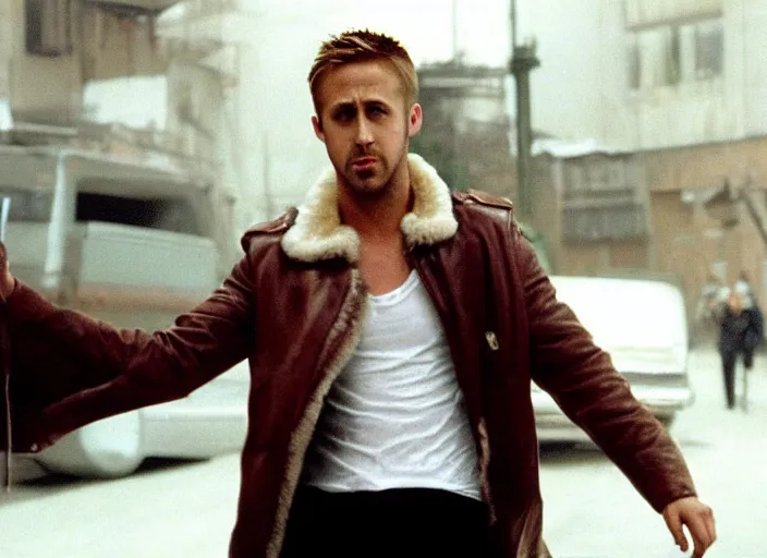 Image similar to film still of Ryan Gosling as Jack wearing feather jacket in Fight Club 1999