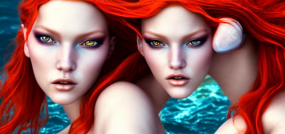 Image similar to close portrait photo of a gorgeous female mermaid with long red hair wearing metal armor in the style of stefan kostic, realistic, half body shot, sharp focus, 8 k high definition, insanely detailed, intricate, elegant, art by stanley lau and artgerm, extreme blur coral reef background