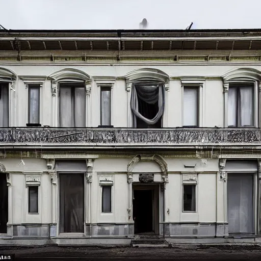 Prompt: façade of an elegant, slightly decaying three-storey 19th-century house with soft, smooth bulbous shapes protruding like wooden lava from the front door and lower windows, surreal, installation art reimagined by industrial light and magic
