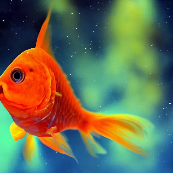 Image similar to a 4 k photorealistic photo close up of a goldfish in space