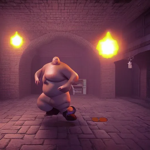 Image similar to Third person perspective of an obese man defending himself with magic against creatures in a dungeon. Octane & Unreal Engine 4 & Photography. Ray-Traced