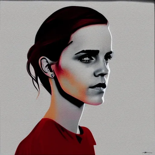 Prompt: stylized stencil portrait of emma watson in solid red, beige, and light and dark blue