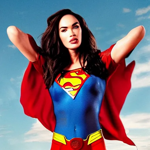 Image similar to megan fox as superwoman, fully body superhero portrait