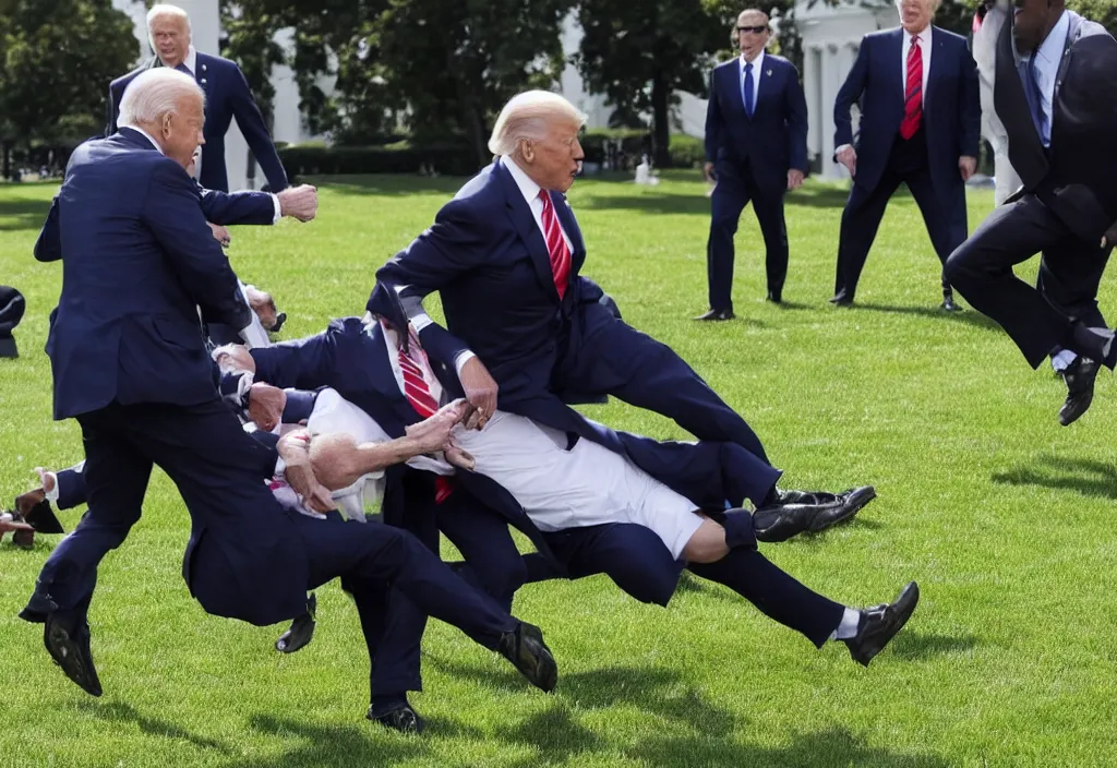 Image similar to joe biden gets tackled by donald trump in front of the white house on the lawn