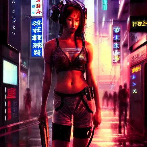 Image similar to An epic comic hyperrealistic cg painting of a cyber samurai girl, attractive, faces and details painted by painted by craig mullins, cyberpunk style color, heavy rainning at tokyo street night, neon lights all around, Matte painting, smoke, cinematic lighting, directional lights, corona render, arnold render, movie concept art, 8k, RPG portrait, Concept world, rim lights, phtotrealistic, hdri