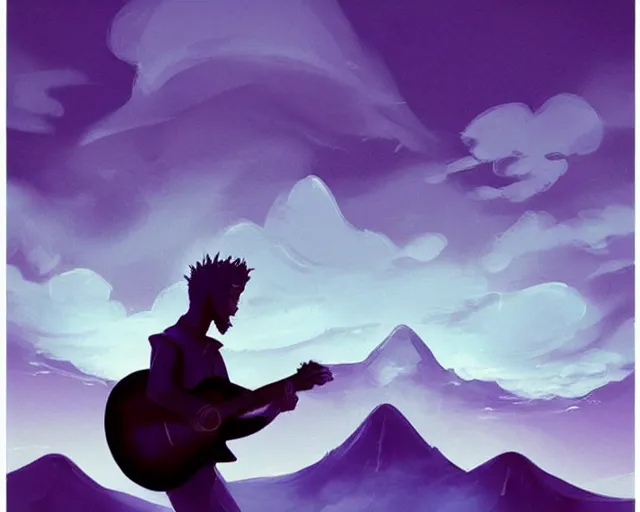 Prompt: A slightly silhouetted figure of a man with a guitar, clouds that look like mountains high in the sky, the clouds are a deep blue purple color with the sun blazing behind the clouds, deep focus, D&D, fantasy, intricate, elegant, highly detailed, digital painting, artstation, concept art, matte, sharp focus, illustration, hearthstone, art by Andreas Rocha and Esao Andrews