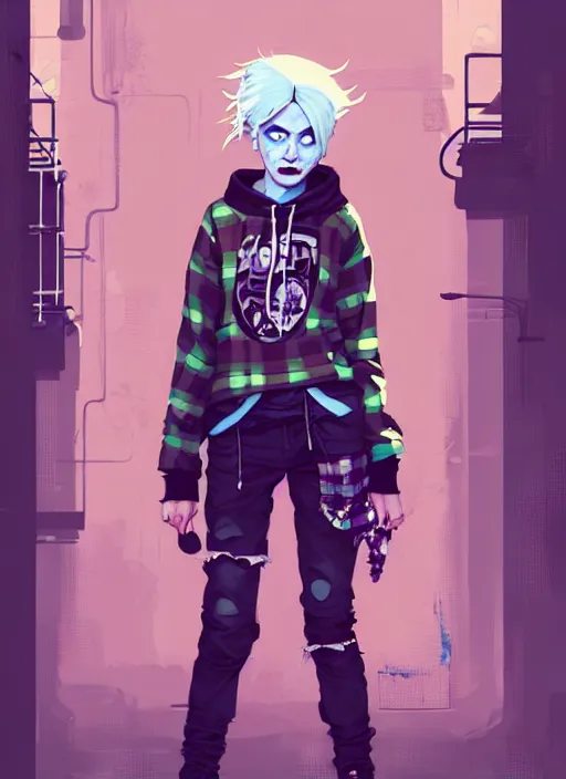 Image similar to highly detailed portrait of a sewer punk lady student, blue eyes, tartan hoodie, white hair by atey ghailan, by greg rutkowski, by greg tocchini, by james gilleard, by joe fenton, by kaethe butcher, gradient purple, black, brown and pink color scheme, grunge aesthetic!!! ( ( graffiti tag wall background ) )