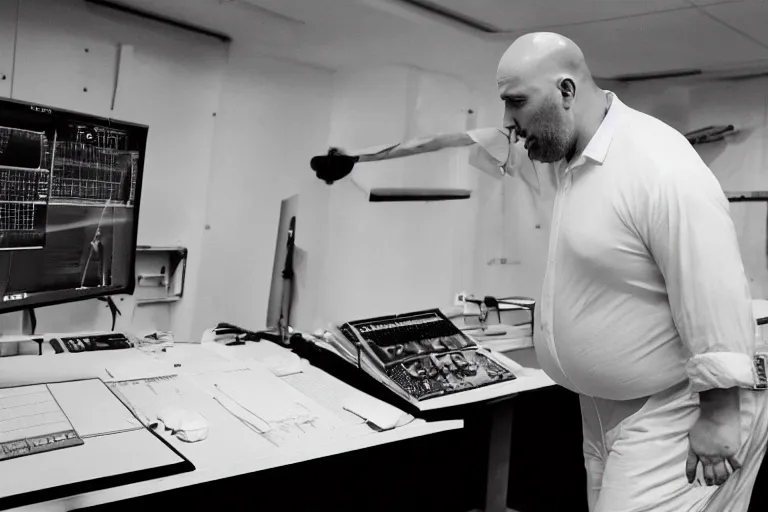 Image similar to heavyset bald man wearing a white shortsleeved shirt and blue jeans working in a nuclear silo control room by Emmanuel Lubezki