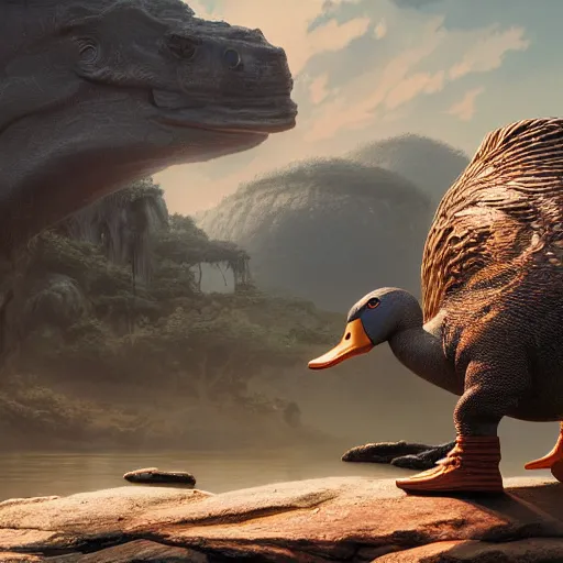 Prompt: a duck standing on a rock in front of a huge attacking dinosaur intricate artwork by Tooth Wu and wlop and beeple and Dan Mumford. Octane render, trending on artstation, greg rutkowski very coherent symmetrical artwork. Cinematic, hyper realism, high detail 8k