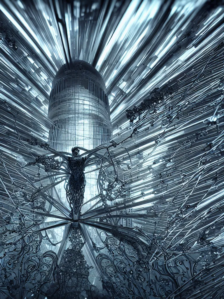 Image similar to ai biomech, ethereal ultralight mechanism, quantum physics, angelic and unsettling, wires, veins, ferrofluid, bismuth, style blend of hideo kojima, shepard fairey, and botticelli, city backdrop is a blend of the vatican, neo - andean architecture and brutalism, 4 k photorealistic, ultra fine inklines