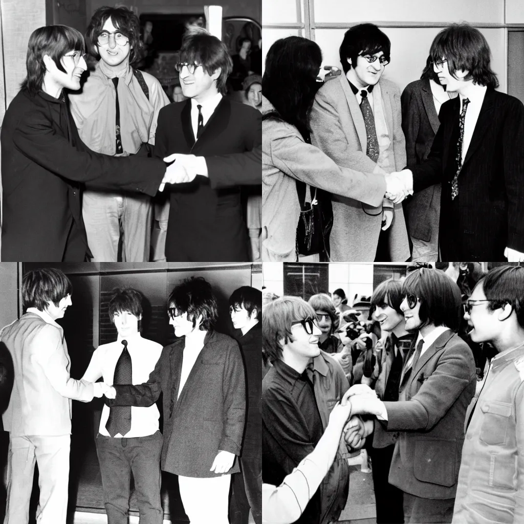 Prompt: john lennon meeting with anime characters, having a handshake, smiling to the camera, paparazzi photograph