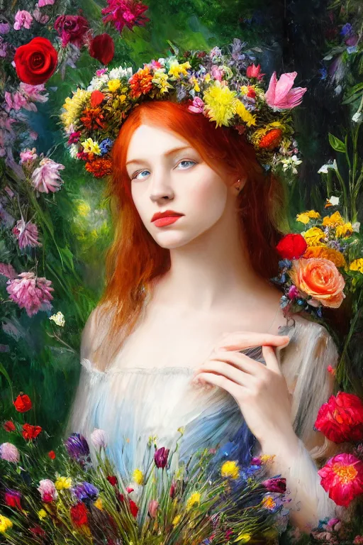 Image similar to oil painting, romanticism, redheaded girl wearing a hat of flowers and dress of fresh flowers, decorated with flowers, waterfall cave, roses, lilies, chrysanthemums, irises, water drops, water jets, overhead light, 4 k, 8 k