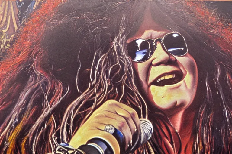 Image similar to highly detailed oil painting of janis joplin playing in woodstock 1 9 6 9, very realistic, top view, art nouveau, dramatic light,