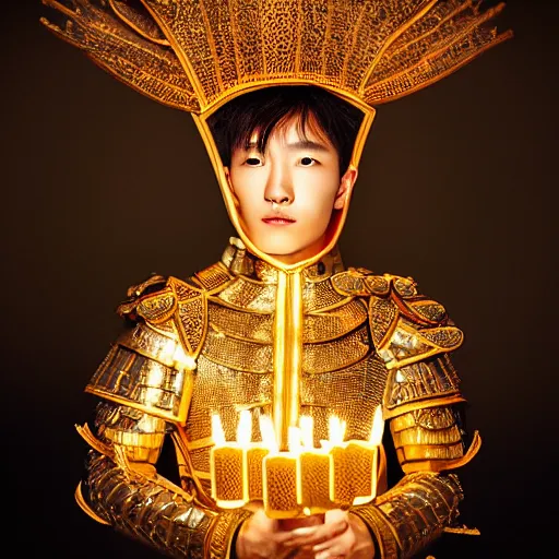 Image similar to a portrait of a beautiful korean young male wearing an alexander mcqueen armor made of wax candles , photographed by andrew thomas huang, artistic