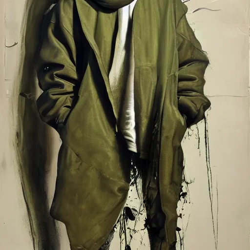 Image similar to a full body lookbook portrait of modern - day jesus wearing olive green yeezy menswear collection by nicola samori, hat and hoodie, detailed, oil painting, hyper realistic, 8 k, yeezy collection