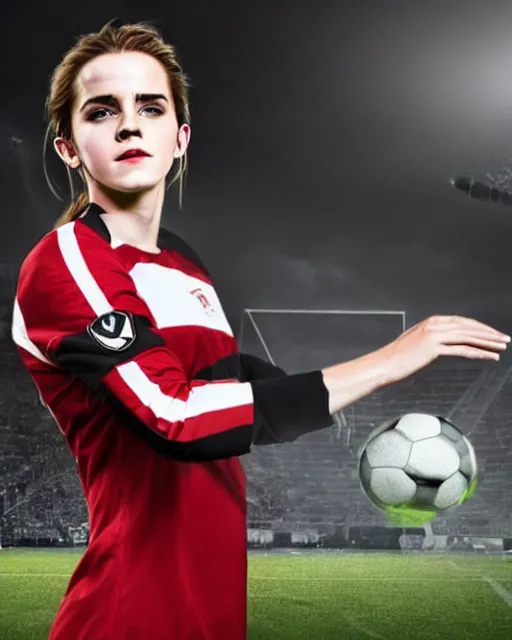 Image similar to a portrait of emma watson as a lokomotiv football player, hyper realistic