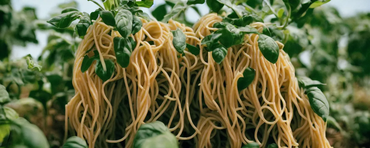 Prompt: zoomed in shot of spaghetti growing off a plant, on a bountiful farm, canon 5 0 mm, cinematic lighting, photography, retro, film, kodachrome