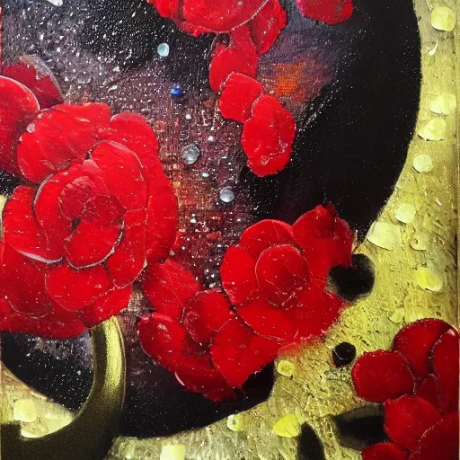 Prompt: rain, moon, knight and princess, oil painting, red and black, bloom, detailed, coherent like dalle 2