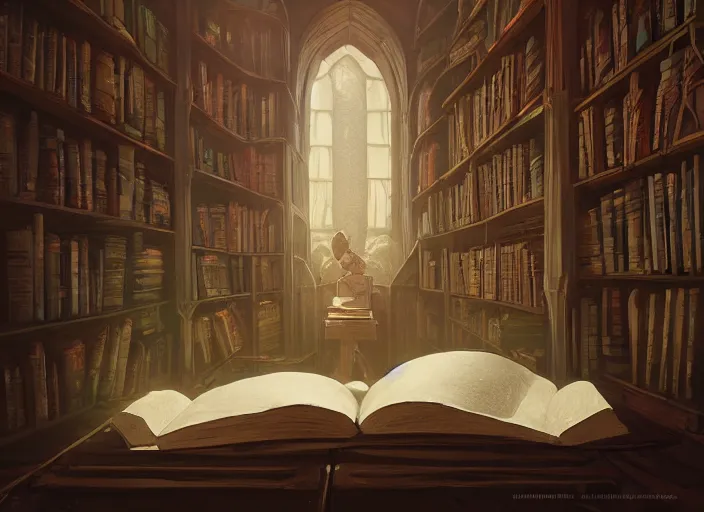 Prompt: An ancient library full of mystical tomes, digital painting, artstation, concept art, sharp focus, dramatic, illustration, art by artgerm and greg rutkowski