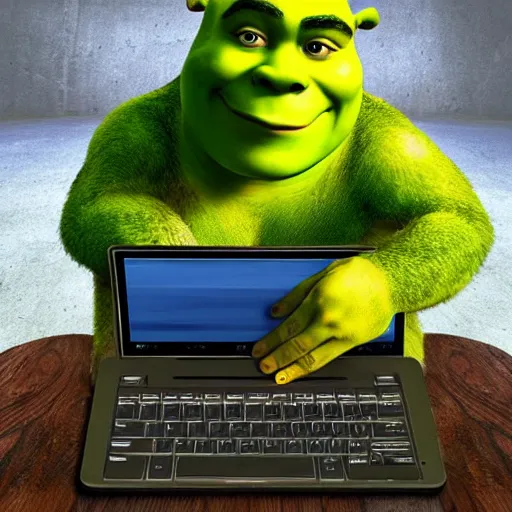 Prompt: shrek using the computer, hd