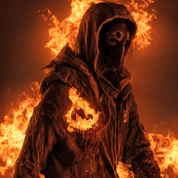 Image similar to gritty apocalyptic hooded man smiling with burning heart in chest, octane render, 4 k ultra hd, hyper - detailed, seedy lighting, sharp focus, fantasy dark art