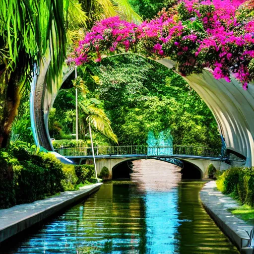 Prompt: Paradise, bridges over canals with fountains with lush flowers and vegetation, Sci-Fi, Zaha Hadid, 4K , cinematography, photography, dappled sun and shadows, sharp detailed