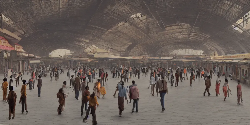 Image similar to cinematic movie scene, establishing shot, interior of an india railway station, bustling with people, sharp focus, unreal engine, octane render, aesthetic