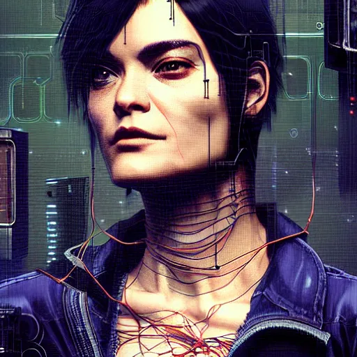 Prompt: shannyn sossamon as a cyberpunk cyber hacker, cybernetic implants, wires, cables, grunge grime, realistic shaded, fine details, realistic shaded lighting by occlusion shadow, intricate, bokeh, masterpiece, by ilya kuvshinov and jeremy lipking and quentin mabille