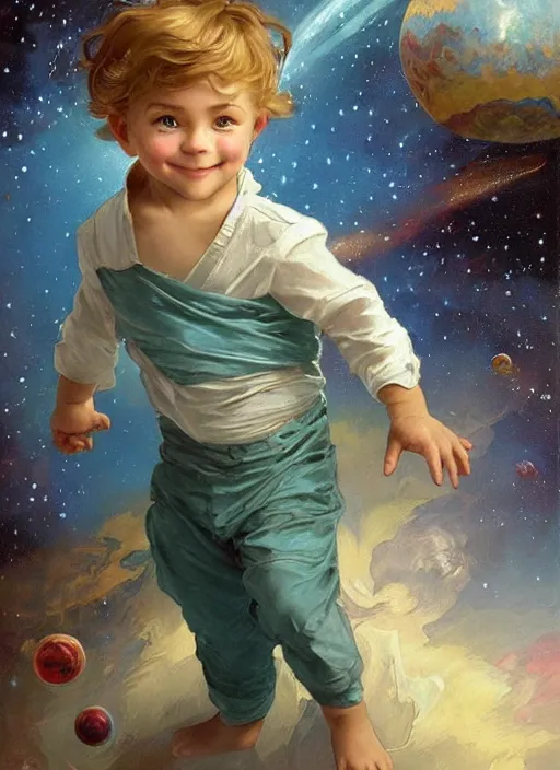 Image similar to a cute little boy with a mischievous face, blue eyes, and tousled blonde hair smiles as he floats in space with stars all around him. he is wearing a turquoise outfit. beautiful painting by artgerm and greg rutkowski and alphonse mucha